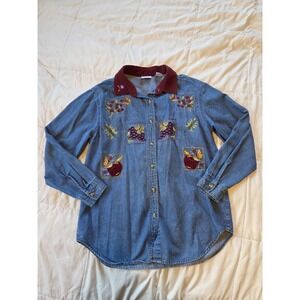 Bobbie Brooks Women's Denim Shirt Medium Fall Themed Button Up Long Sleeve